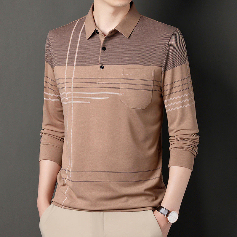 Men's Long Sleeve Striped Lapel T-shirt