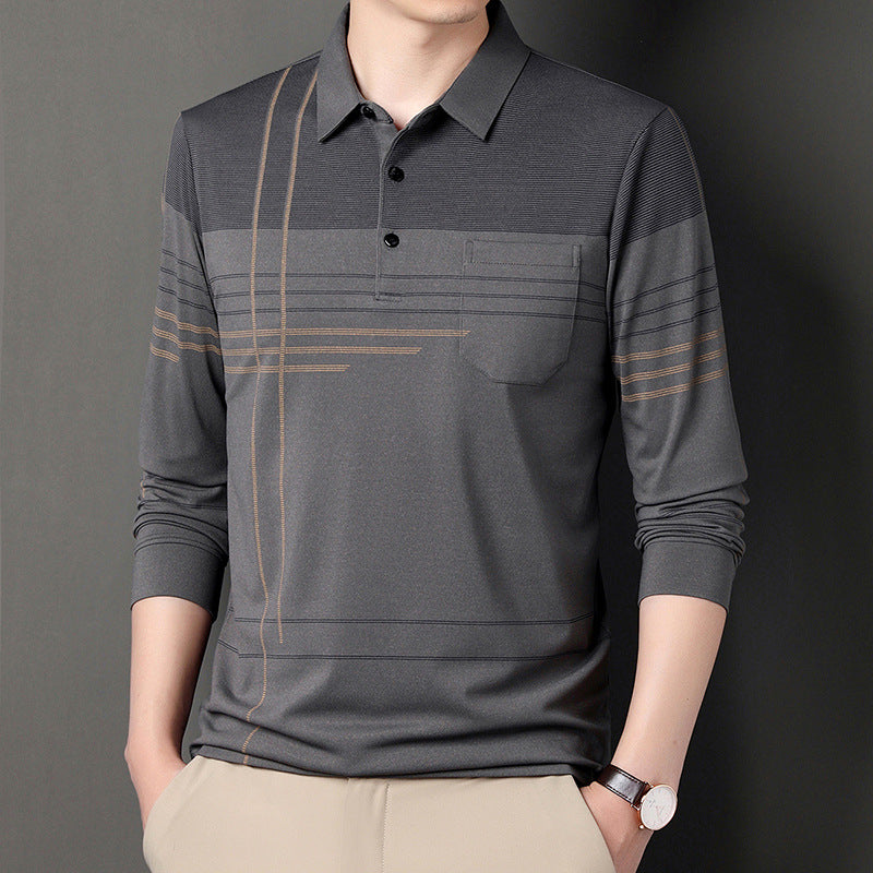 Men's Long Sleeve Striped Lapel T-shirt