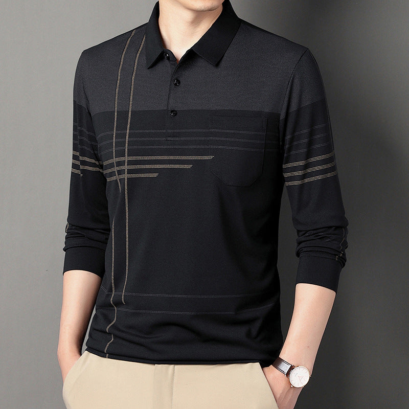 Men's Long Sleeve Striped Lapel T-shirt